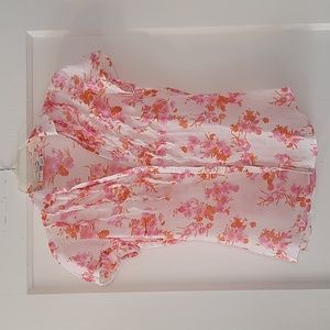 Zara Floral Gauze Top Pintuck Ruffles Puff Cap Sleeves Cotton Silk White Pink M